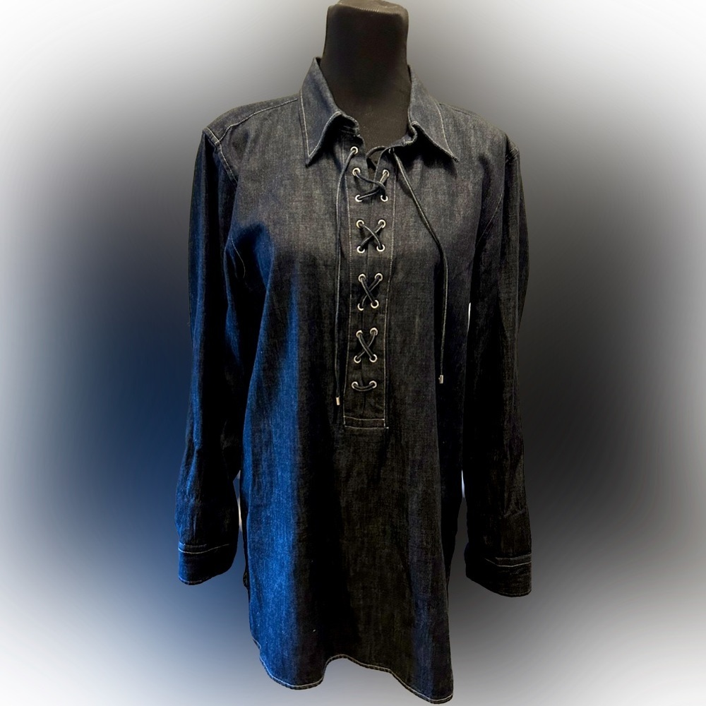 $19 Ralph Lauren Chambray Long Sleeves Denim Top Size M rolled sleeve lace front